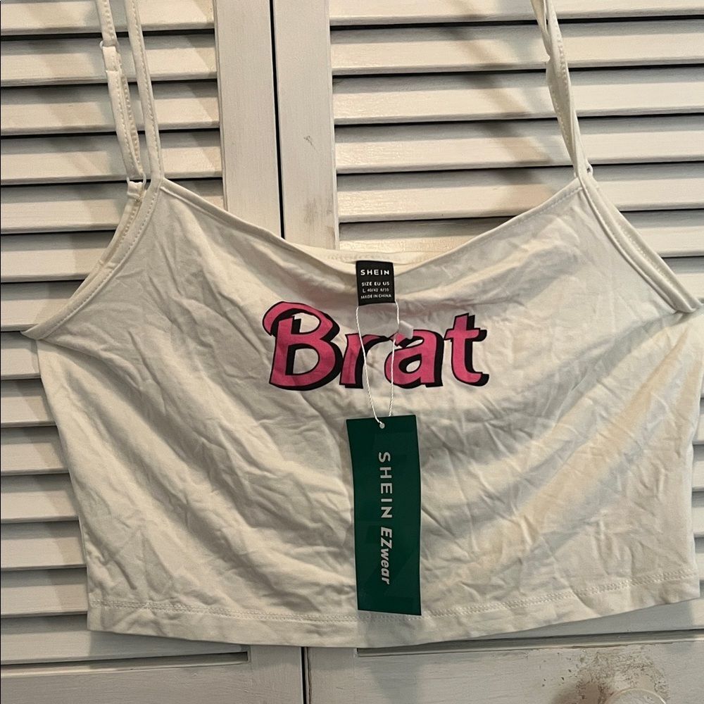 #1067+ SHEIN White 'Brat' Graphic Crop Top - Picture 4 of 5